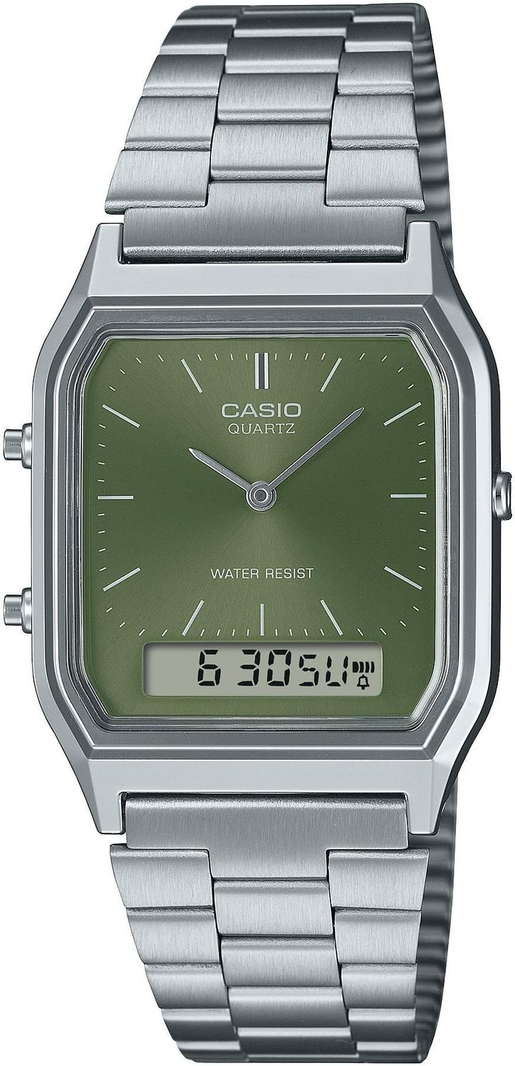 Zegarek Casio Vintage AQ-230A-3AMQYES – zegarek męski kwadratowy zielona tarcza, stalowa bransoleta.jpg