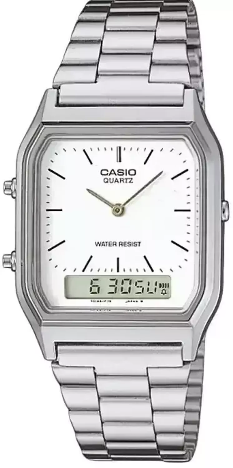 Zegarek CASIO vintage AQ-230A-7DMQYES z prostokątną kopertą i analogowo-cyfrową tarczą, w białej kolorystyce. Zegarek Casio Vintage AQ-230A-7DMQYES wyposażony jest w kwarcowy mechanizm,.webp