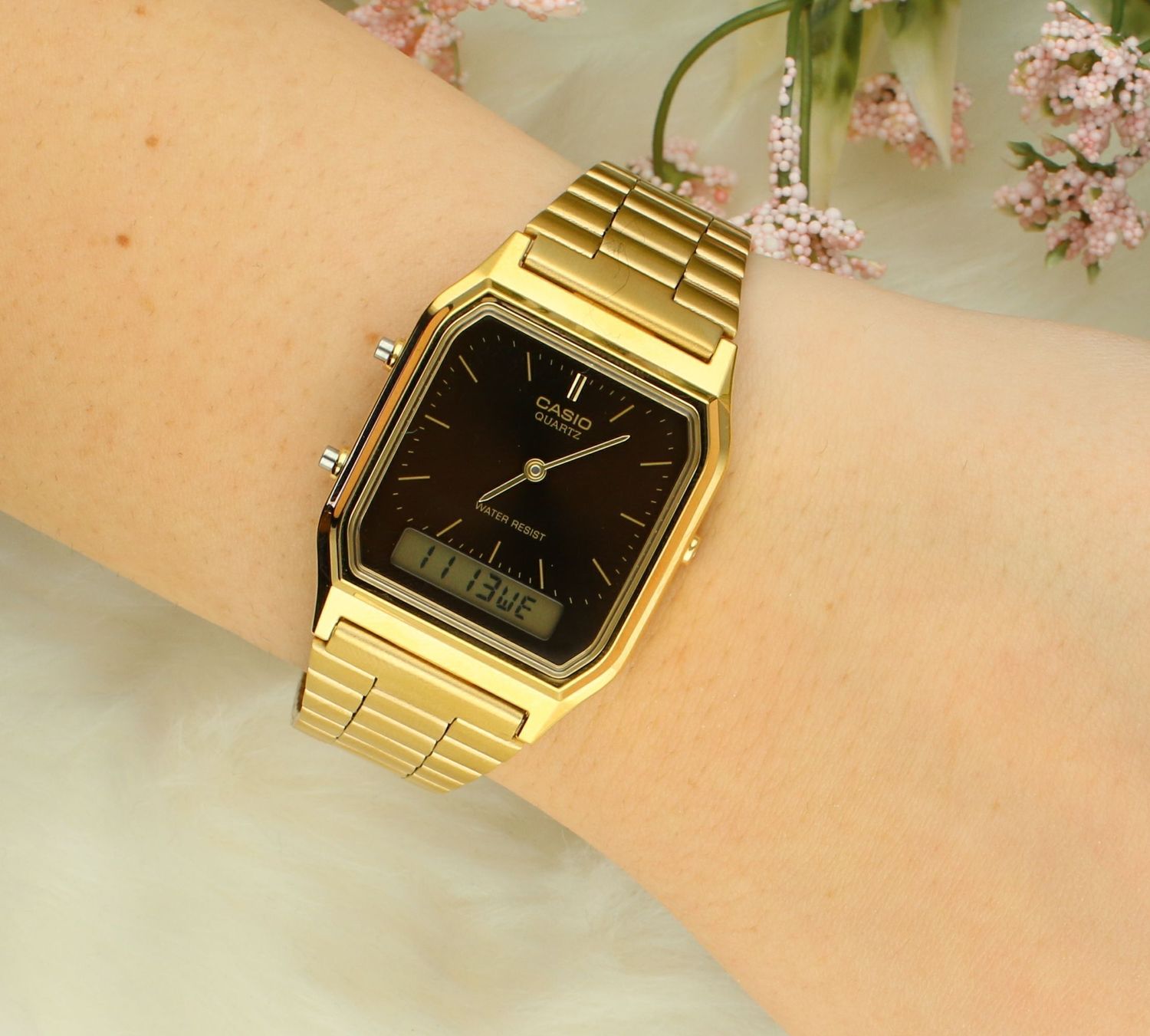 Zegarek CASIO VNTAGE AQ-230GA-5AMQYES Srebrny zegarek Casio AQ-230GA-5AMQYES Vintage z tarczą brązową w stylu Retro ze wskazówkami.jpg