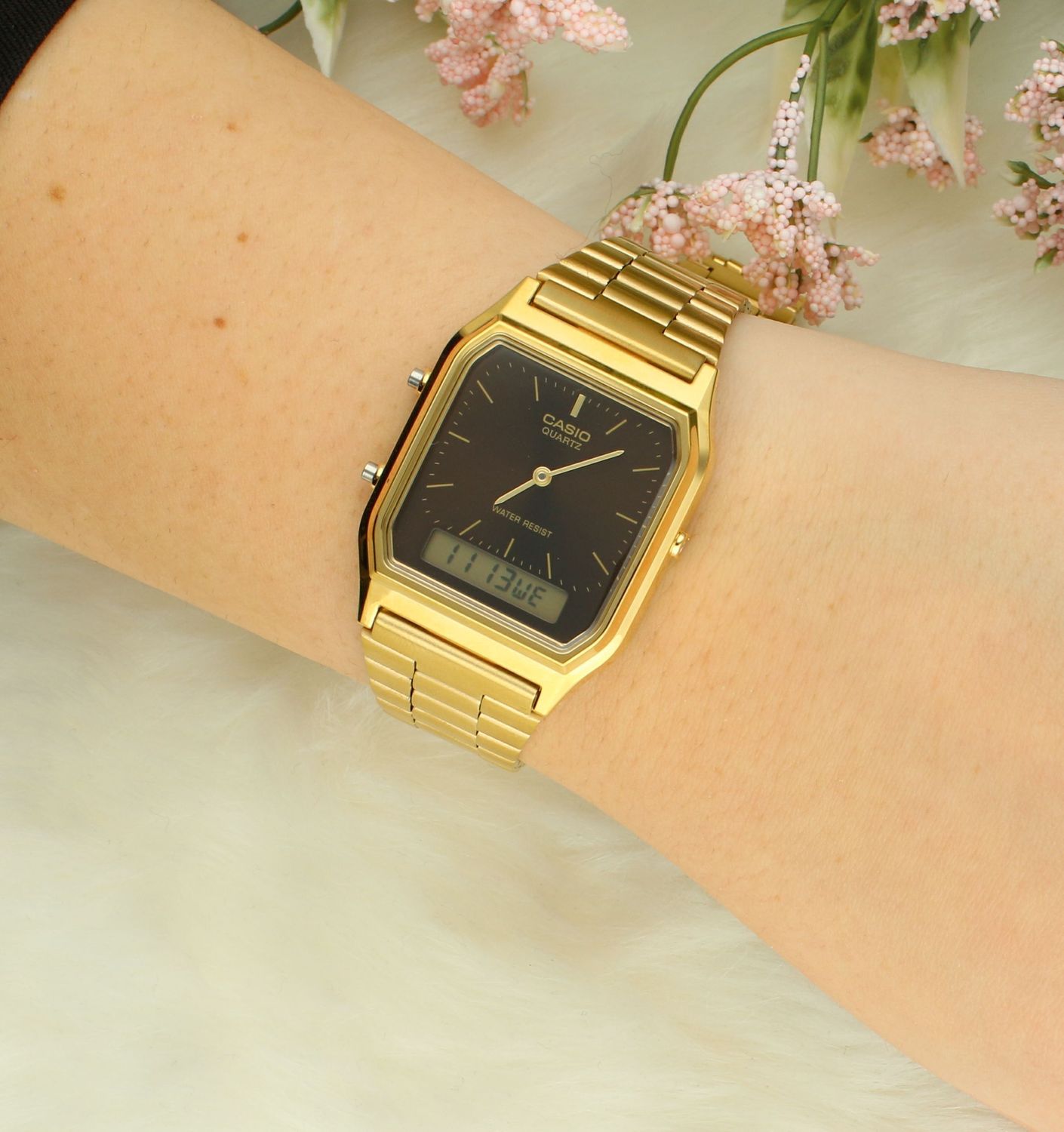 Zegarek CASIO VNTAGE AQ-230GA-5AMQYES Srebrny zegarek Casio AQ-230GA-5AMQYES Vintage z tarczą brązową w stylu Retro ze wskazówkami.jpg