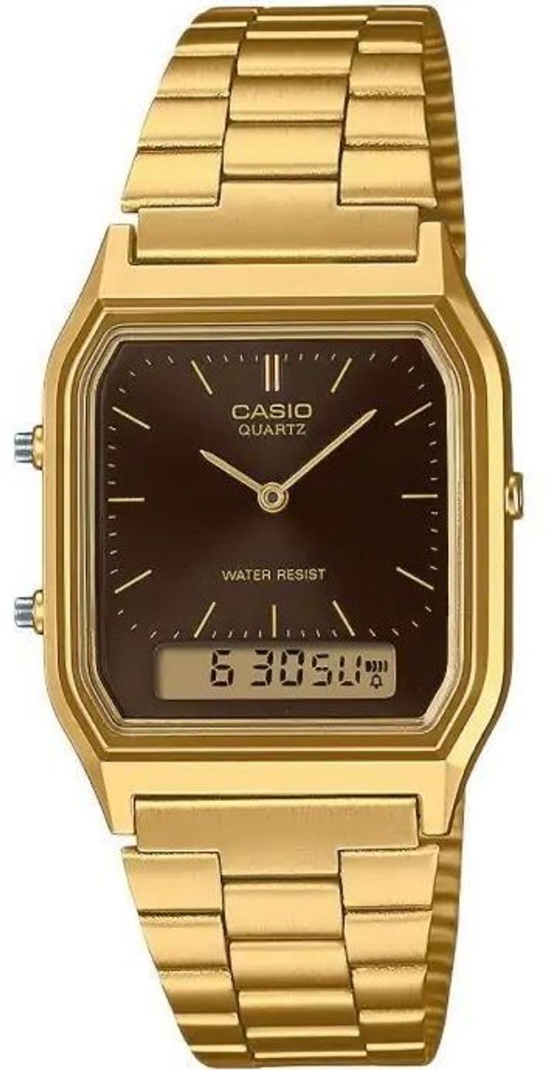 Zegarek CASIO VNTAGE AQ-230GA-5AMQYES Srebrny zegarek Casio AQ-230GA-5AMQYES Vintage z tarczą brązową w stylu Retro ze wskazówkami.jpg