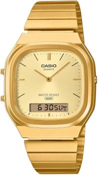 Stylowy zegarek Casio Vintage Classic AQ-240EG-9AER. Złota stalowa koperta, analogowo-cyfrowy wyświetlacz, wieczny kalendarz i alarm. Idealny na co dzień.1.jpg