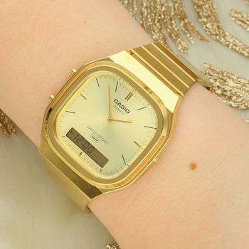 Stylowy zegarek Casio Vintage Classic AQ-240EG-9AER. Złota stalowa koperta, analogowo-cyfrowy wyświetlacz, wieczny kalendarz i alarm. Idealny na co dzień.2.jpg