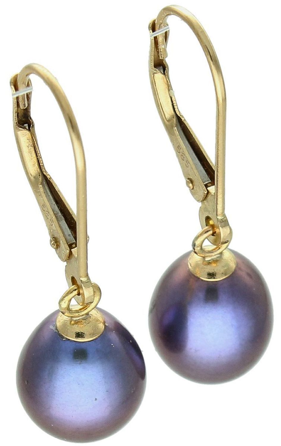 Kolczyki złote z fioletową owalna perłą próba 585, AR012-2711 Wyjątkowe, eleganckie i z nutą tajemniczości – złote kolczyki z fioletową perłą owalną, 1.jpg