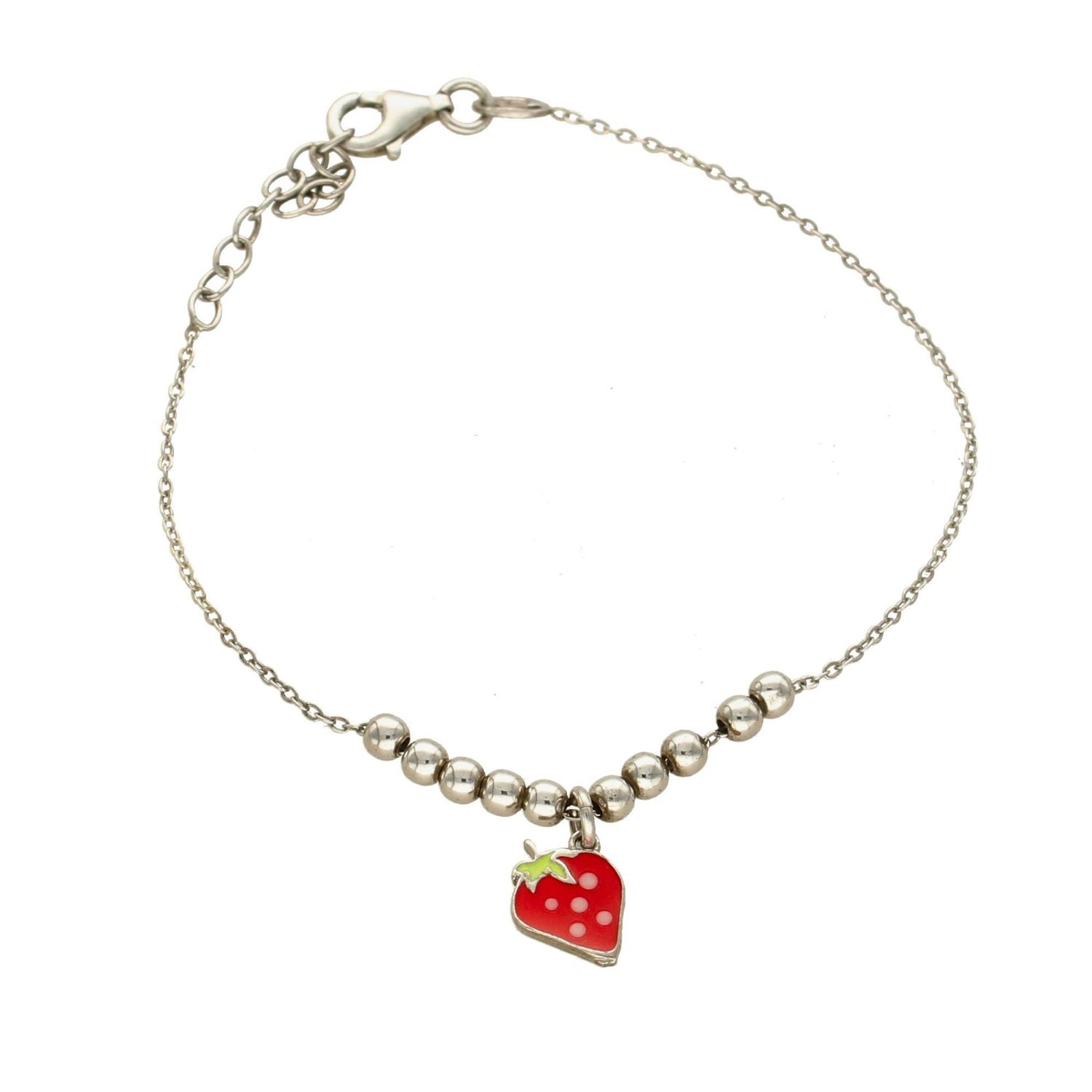 Srebrna bransoletka dla dziewczynki z emaliowaną truskawką ozdobiona kuleczkami AR012-6135.jpg