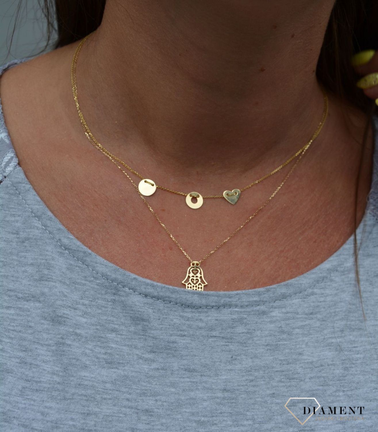 Złoty naszyjnik celebrytka 585 'serce i dwa koła'.jpg