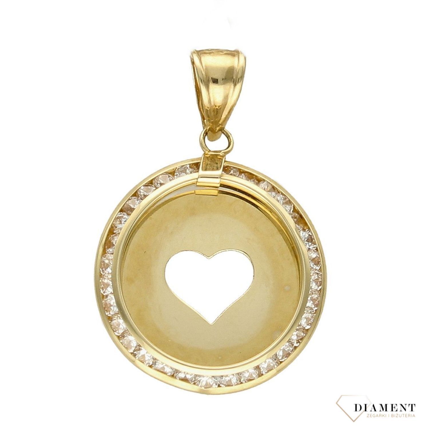 Piękna zawieszka kółeczko z wyciętym sercem ozdobione cyrkonią. Zawieszkę wykonano ze złota próby 585 o wadze 1,24 gram. Do zawieszki można dobrać delikatny złoty łańcuszek (2).jpg