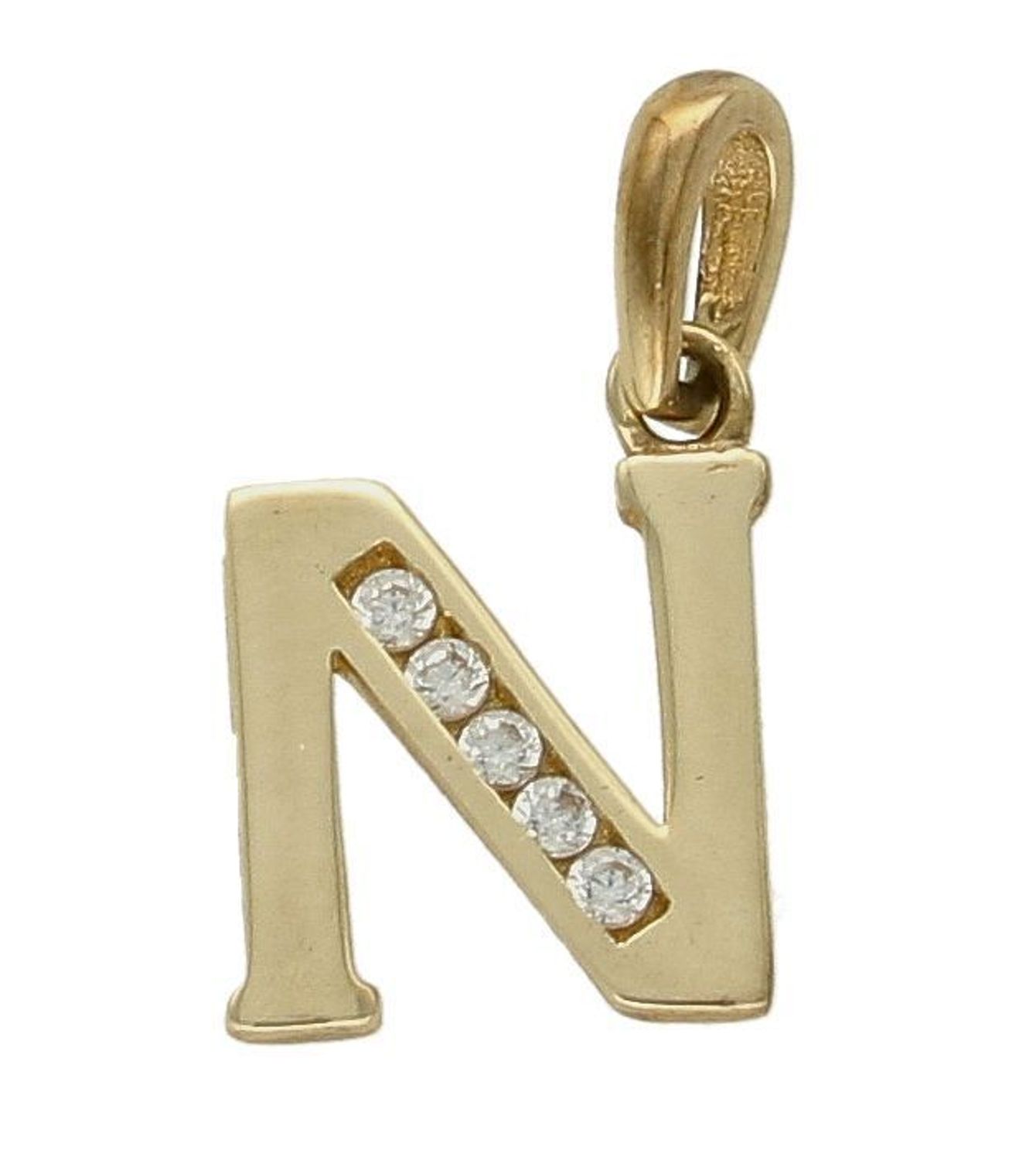Złota zawieszka 333 literka N ozdobiona cyrkonią AR522-0254. Piękny, złoty wisiorek o ciekawym wzorze wykonany z żółtego złota próby 333. Personalizowana zawieszka to doskonały pomysł na prezent dla każdej kobiety. Zawieszka z.jpg