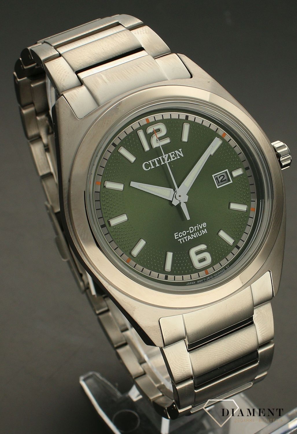 Zegarek męski Citizen Super Titanium AW1641-81X. Zegarek z zieloną tarczą. Zegarek tytanowy. Zegarek męski na bransolecie. Męski zegarek tytanowy. Zegarek Eco-Drive..jpg