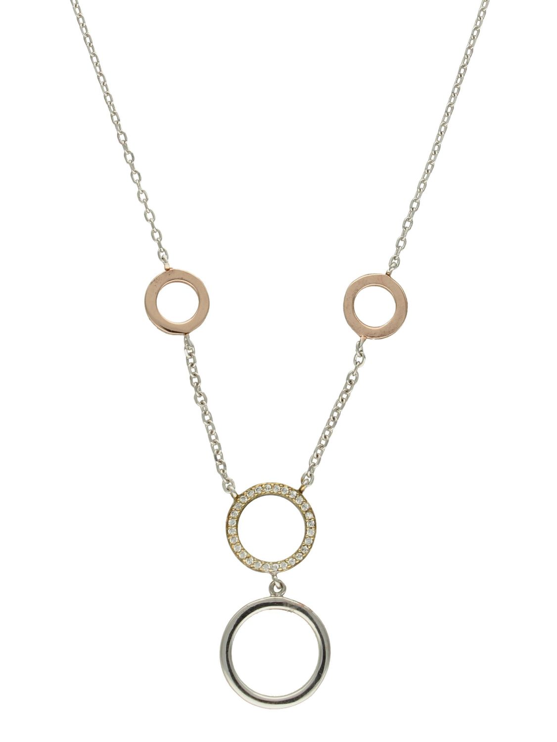 Srebrny naszyjnik ozdobny kolorowe kółeczka z cyrkonią AZN000000-230. Srebrny naszyjnik celebrytka z subtelnymi zawieszkami w ponadczasowym kształcie kółeczek, jedno z nich oz.jpg