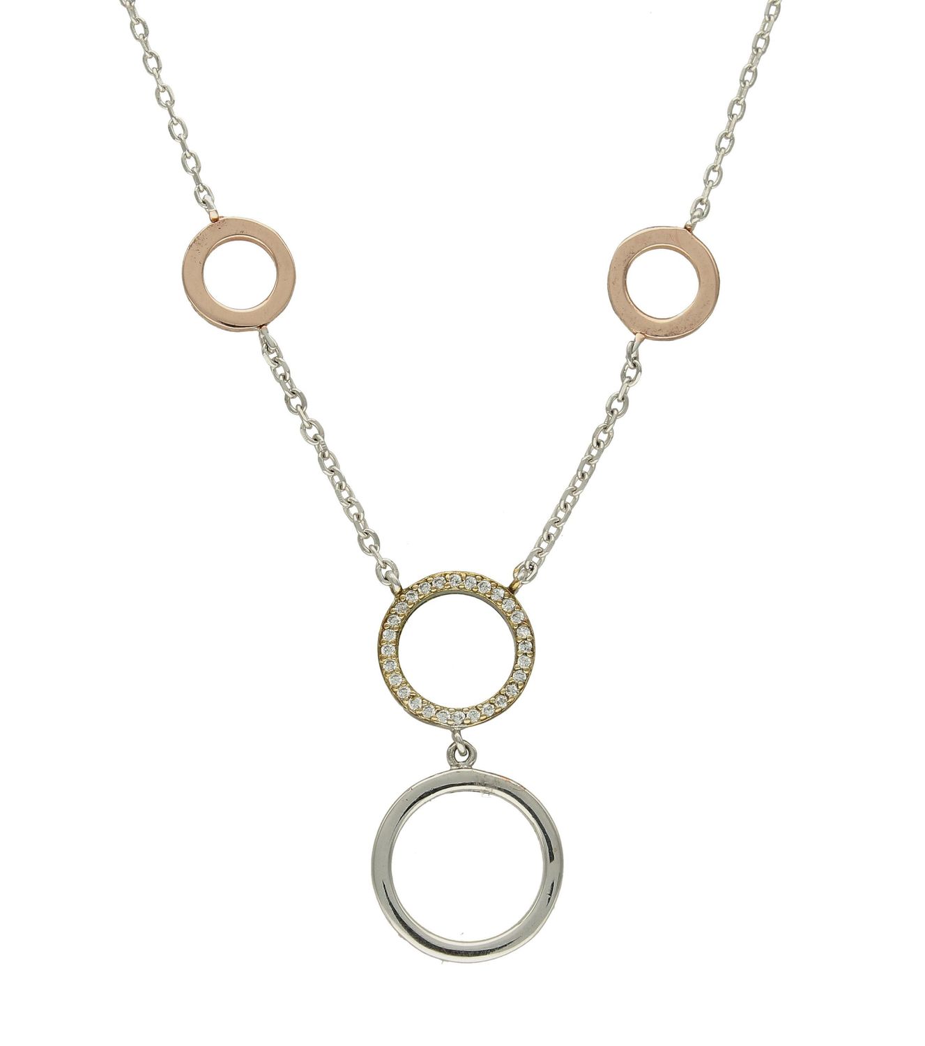 Srebrny naszyjnik ozdobny kolorowe kółeczka z cyrkonią AZN000000-230. Srebrny naszyjnik celebrytka z subtelnymi zawieszkami w ponadczasowym kształcie kółeczek, jedno z nich oz.jpg