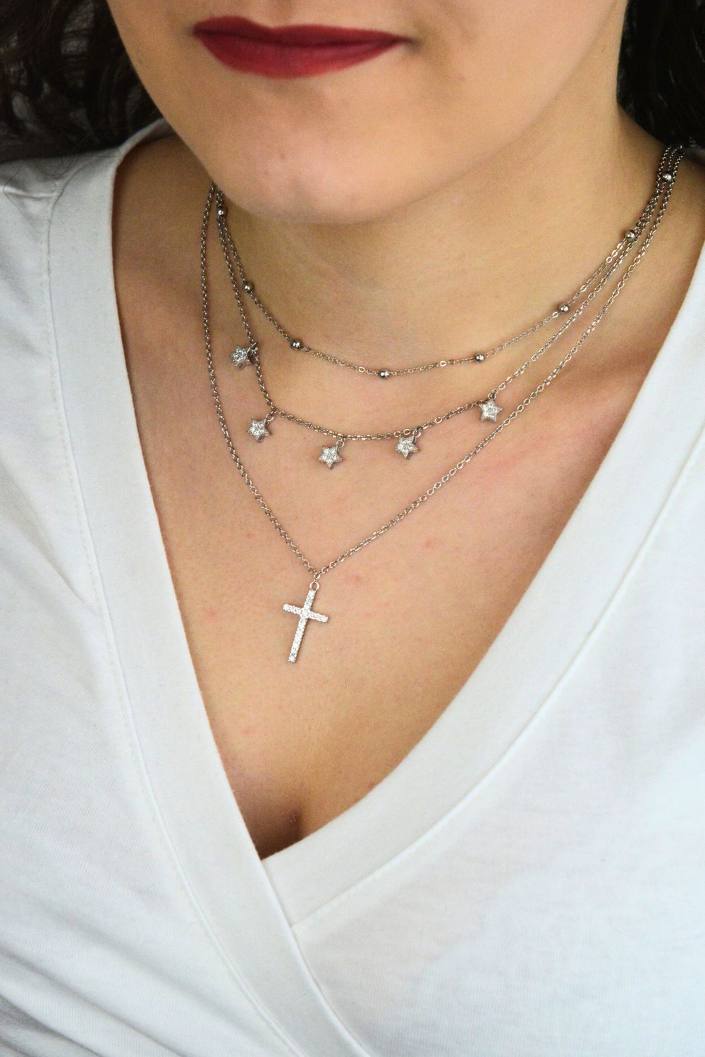 Srebrny naszyjnik potrójny gwiazdki i krzyżyk AZN000000-593.jpg