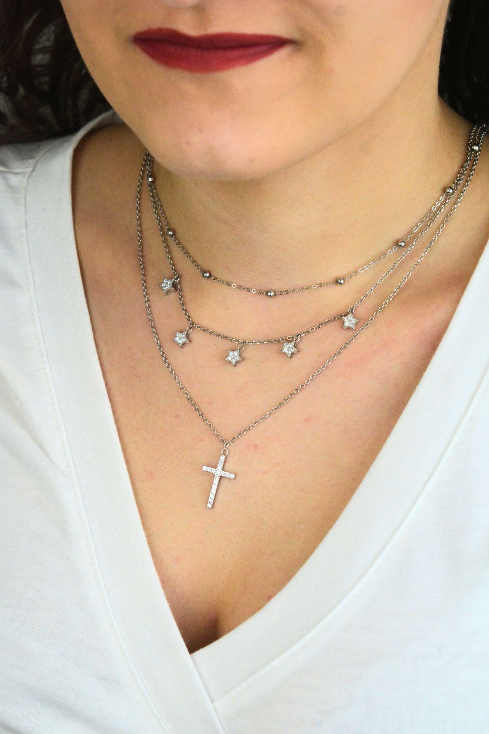 Srebrny naszyjnik potrójny gwiazdki i krzyżyk AZN000000-593.jpg