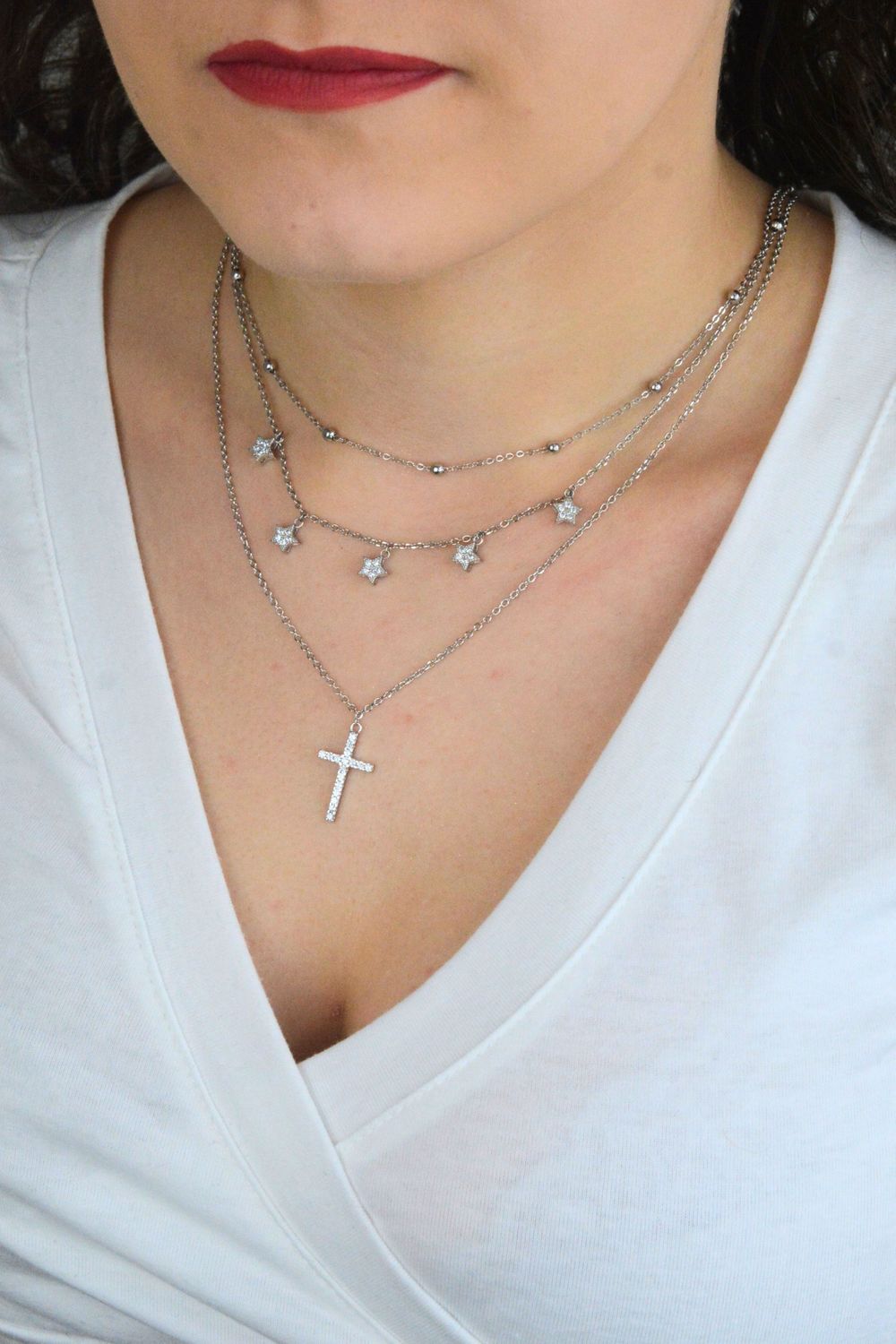 Srebrny naszyjnik potrójny gwiazdki i krzyżyk AZN000000-593.jpg
