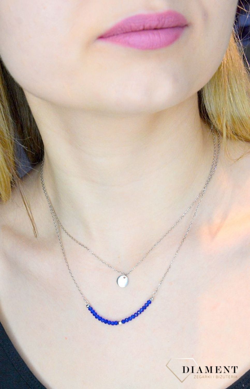 Srebrny naszyjnik podwójny 'Niebieskie koraliki, gładkie kółko' AZN000000-596.jpg