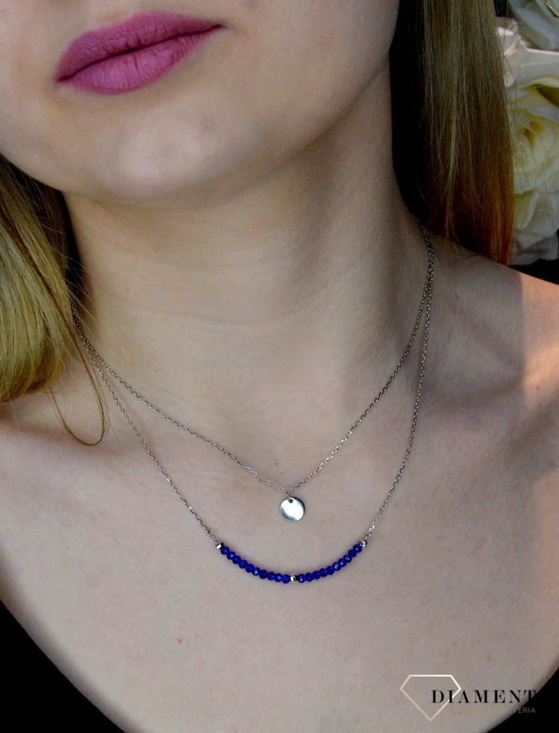 Srebrny naszyjnik podwójny 'Niebieskie koraliki, gładkie kółko' AZN000000-596.jpg