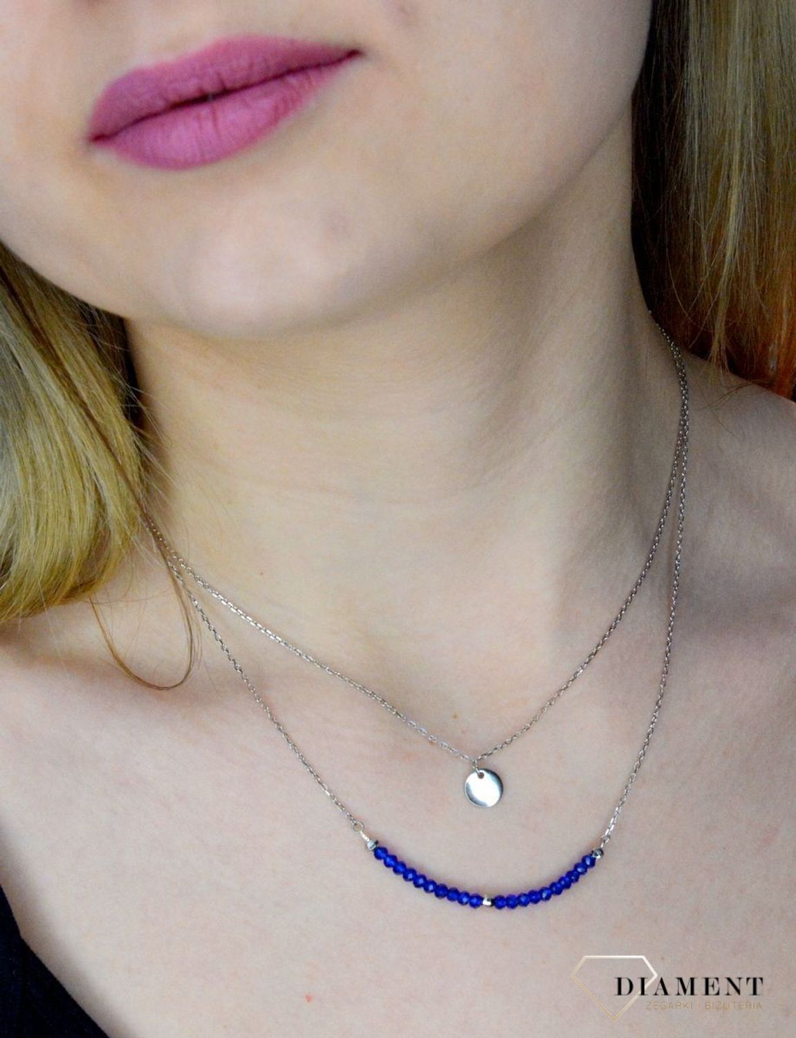 Srebrny naszyjnik podwójny 'Niebieskie koraliki, gładkie kółko' AZN000000-596.jpg