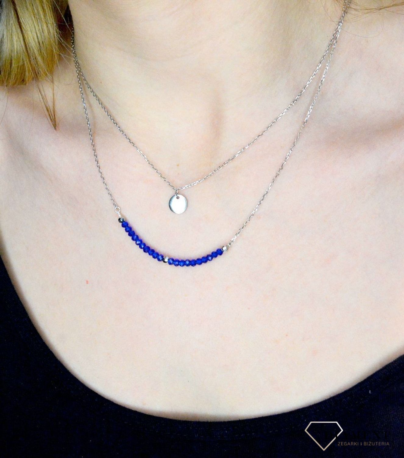 Srebrny naszyjnik podwójny 'Niebieskie koraliki, gładkie kółko' AZN000000-596.jpg