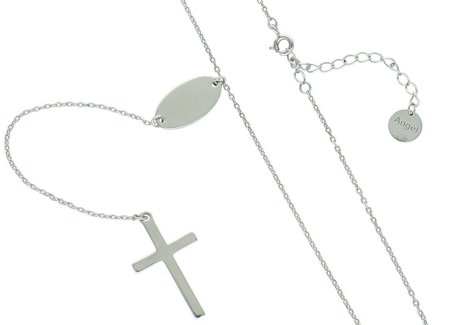 Elegancki srebrny naszyjnik krawatka z blaszką owalną i krzyżykiem na zakończeniu łańcuszka. Naszyjnik wykonany z próby 925. Długość 40 cm + 5 cm przedłużenie. Idealny prezent.1.jpg