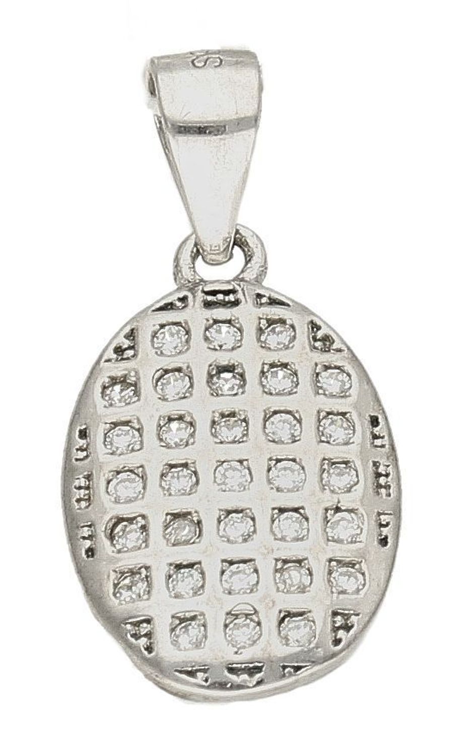 Srebrna zawieszka o owalnym kształcie wysadzona cyrkoniami AZZ000000-275. Drobna zawieszka wysadzana cyrkoniami stanowi piękną ozdobę dekoltu. Subtelna, a jednocześnie elegancka zawieszka sprawdzi się idealnie na prezen.jpg