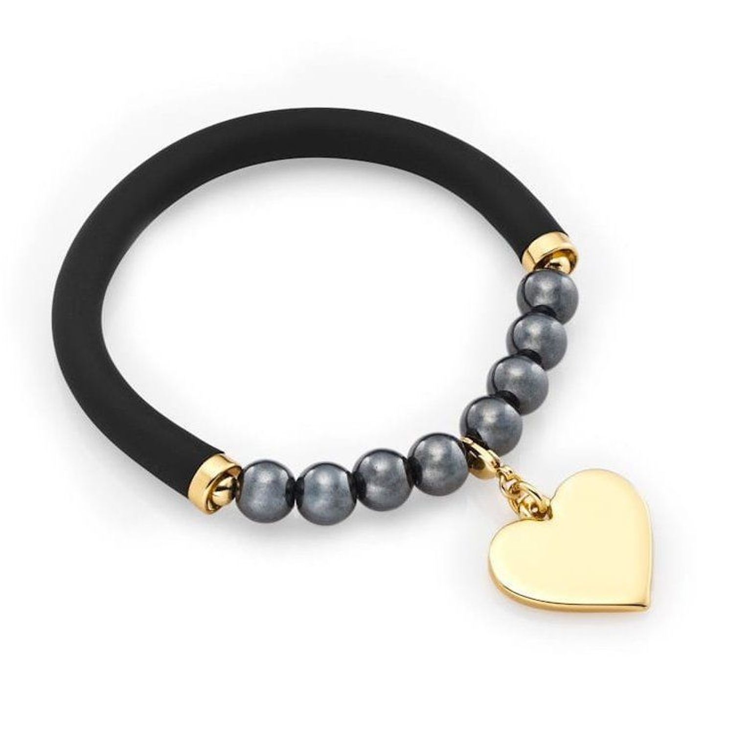 Bransoletka Karpiński 'Złote serce' B12812Au. Bransoletka Karpiński 'Złote serce'. Wyjątkowa damska bransoletka, która łączy w sobie hematyty, kauczuk i pozłacane 24K złotem serce. Zawieszka wykonana z wysokiej jakoś.jpg