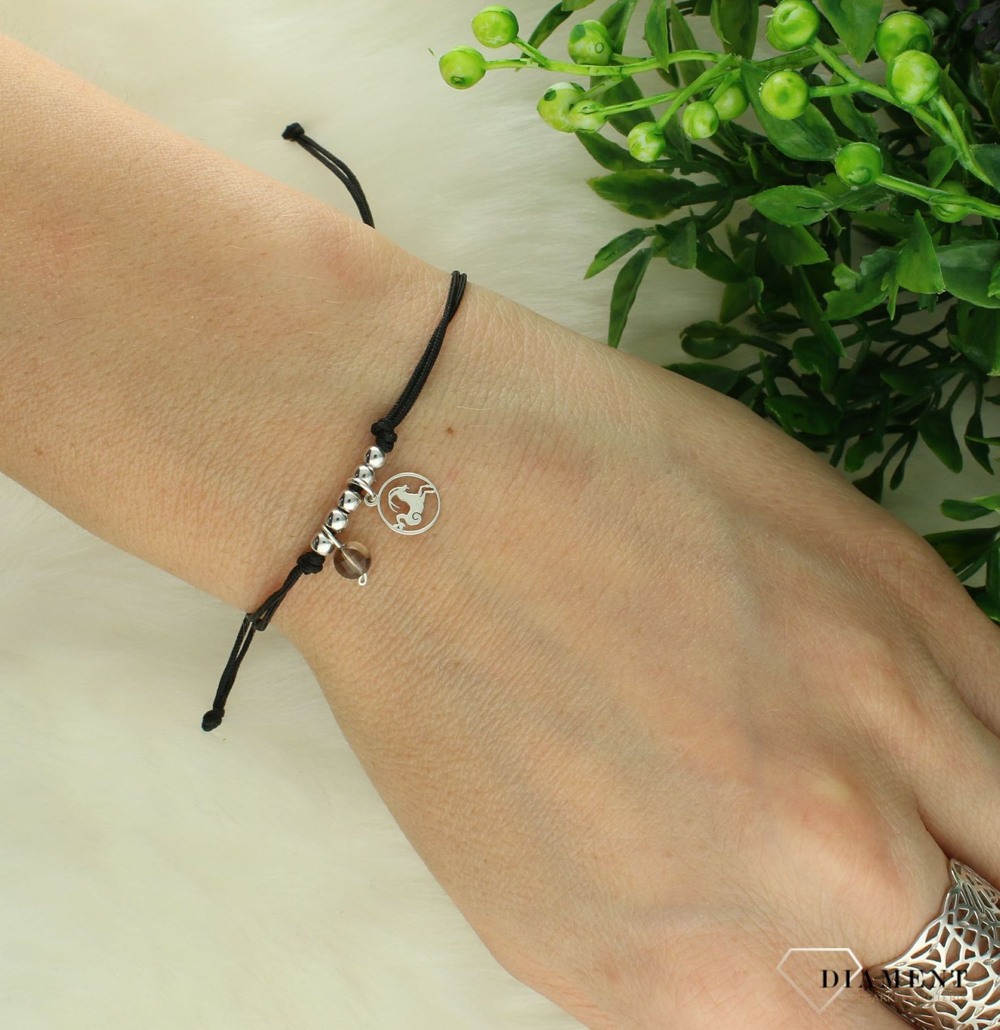 Srebrna bransoletka 925 na czarnym sznurku z kwarcem dymnym Zodiak Koziorożec B22-KOZIOROŻEC (2).jpg