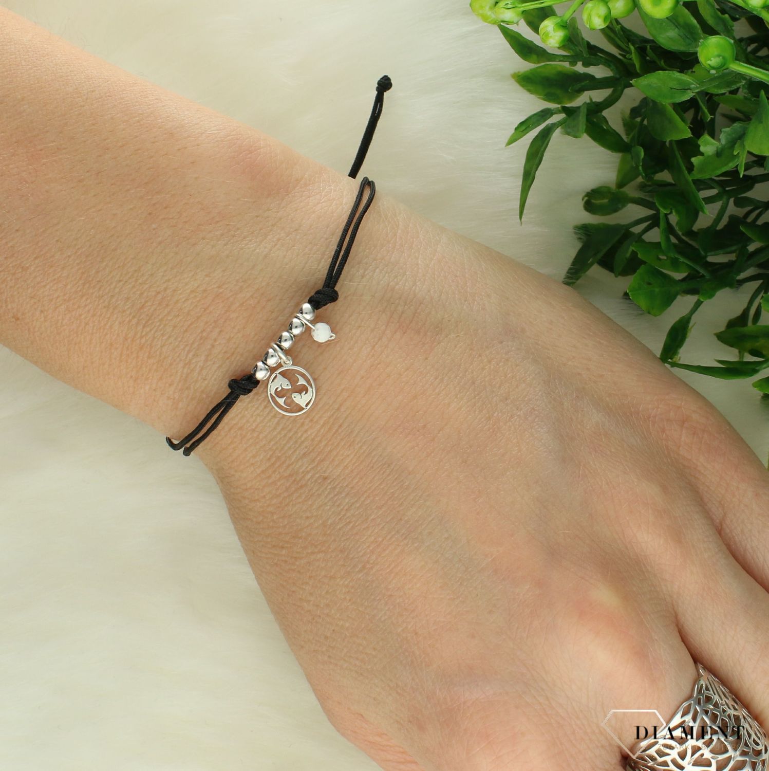 Srebrna bransoletka 925 na czarnym sznurku z turkusem afrykańskim Zodiak Ryby B22-RYBY (2).jpg