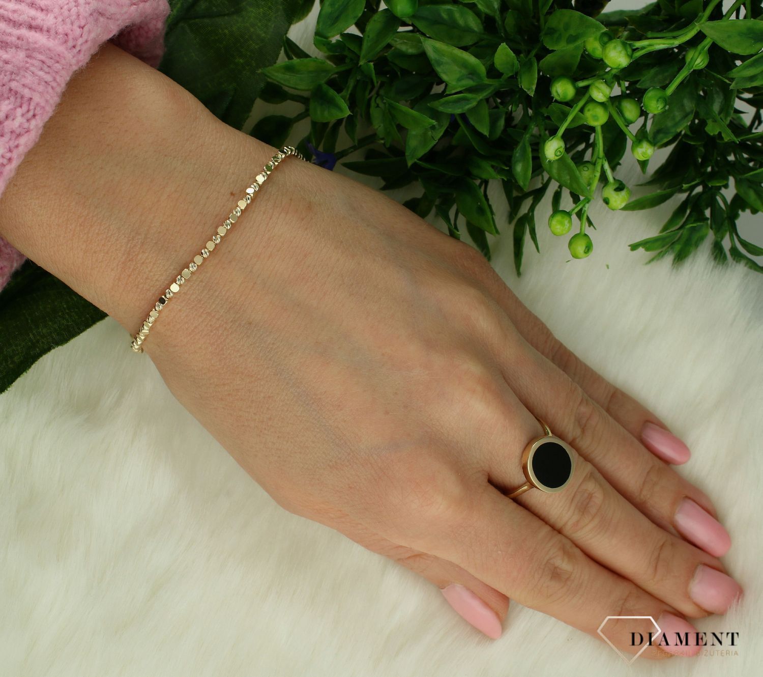 Złota bransoletka damska 585 ozdobny grawerowany splot z kuleczkami B6089.jpg