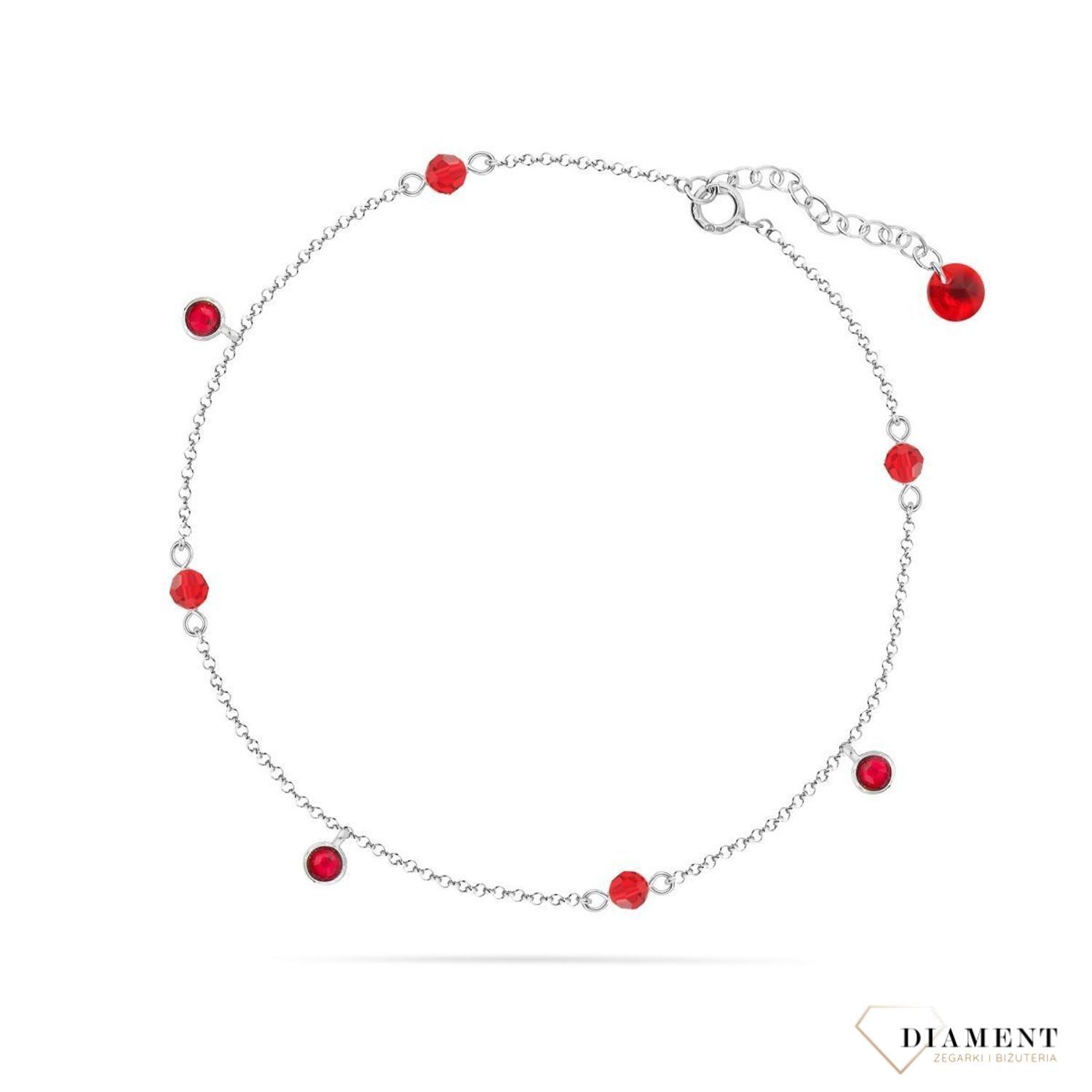 Srebrna bransoletka na nogę z czerwonymi kryształkami Swarovskiego to oryginalna, kobieca biżuteria, szczególnie pasująca do letnich i wakacyjnych stylizacji..jpg