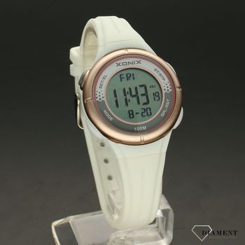 Zegarek dla dziewczynki na białym pasku z wyświetlaczem. XONIX BAO-001. Sportowy zegarek dla dziewczynki do pływania (1).jpg