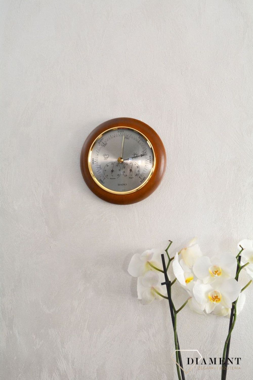 Drewniana stacja pogody Barometr 'Drewno Kalwados' Termometr Higrometr BAROMETR180-08.Barometr mieści się w okrągłej obudowie z drewna (3).JPG