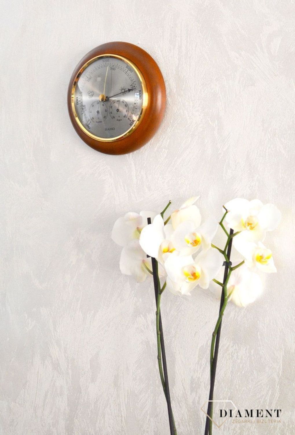 Drewniana stacja pogody Barometr 'Drewno Kalwados' Termometr Higrometr BAROMETR180-08.Barometr mieści się w okrągłej obudowie z drewna (3).JPG