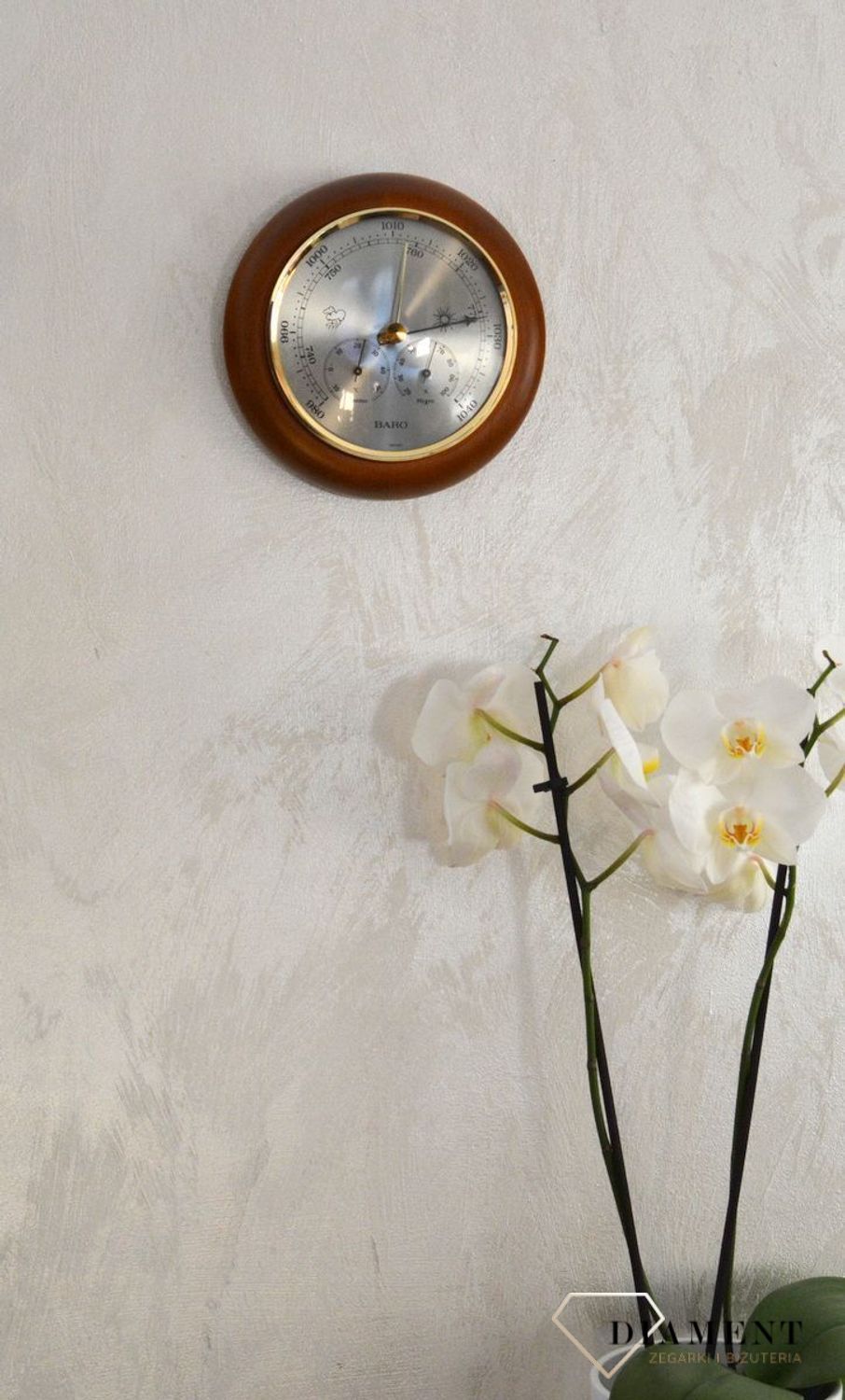 Drewniana stacja pogody Barometr 'Drewno Ciemny Orzech' Termometr Higrometr BAROMETR180-09. Barometr mieści się w okrągłej obudowie z drewna (1).JPG