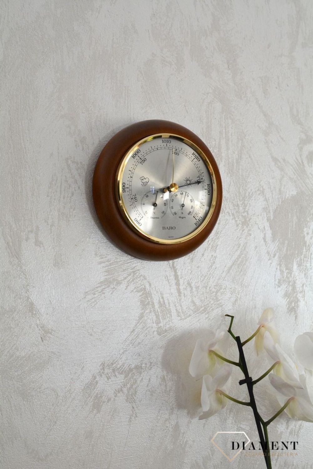 Drewniana stacja pogody Barometr 'Drewno Ciemny Orzech' Termometr Higrometr BAROMETR180-09. Barometr mieści się w okrągłej obudowie z drewna (1).JPG