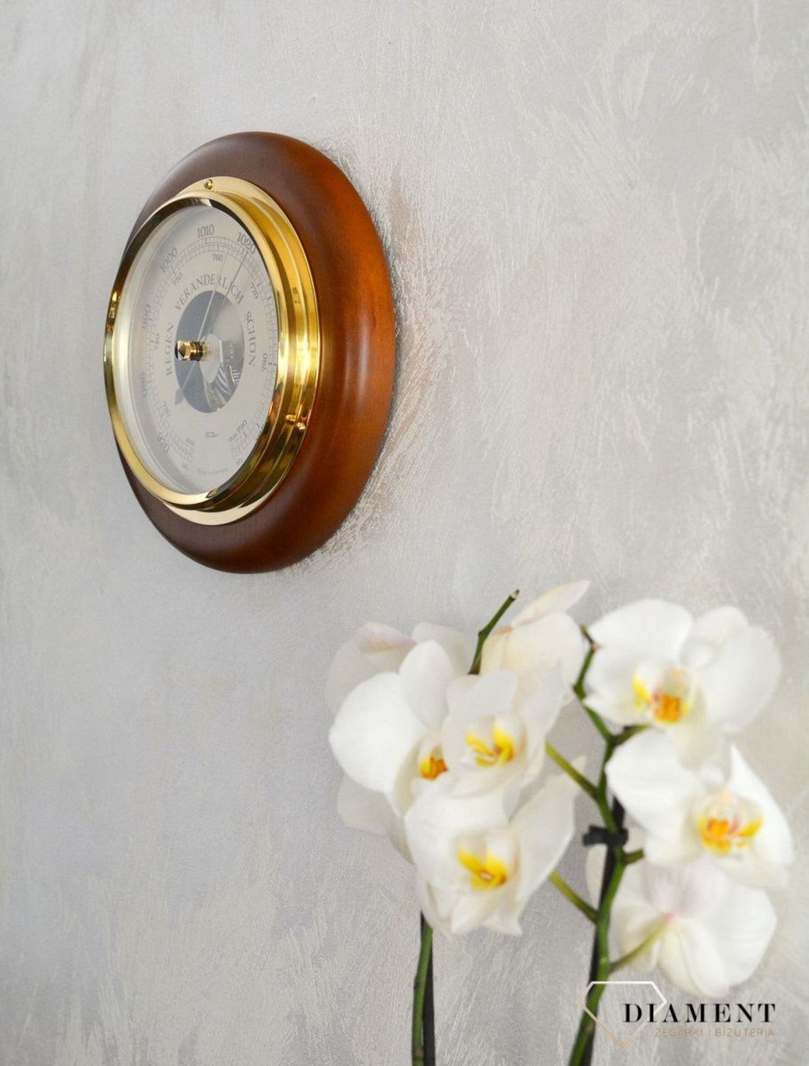 Drewniana stacja pogody Barometr 'Drewno Ciemny Orzech' BAROMETR240-08. Efektowna pod względem wyglądu i wykonania stacja pogody. Okrągły barometr z widocznym mechanizmem.  (7).JPG