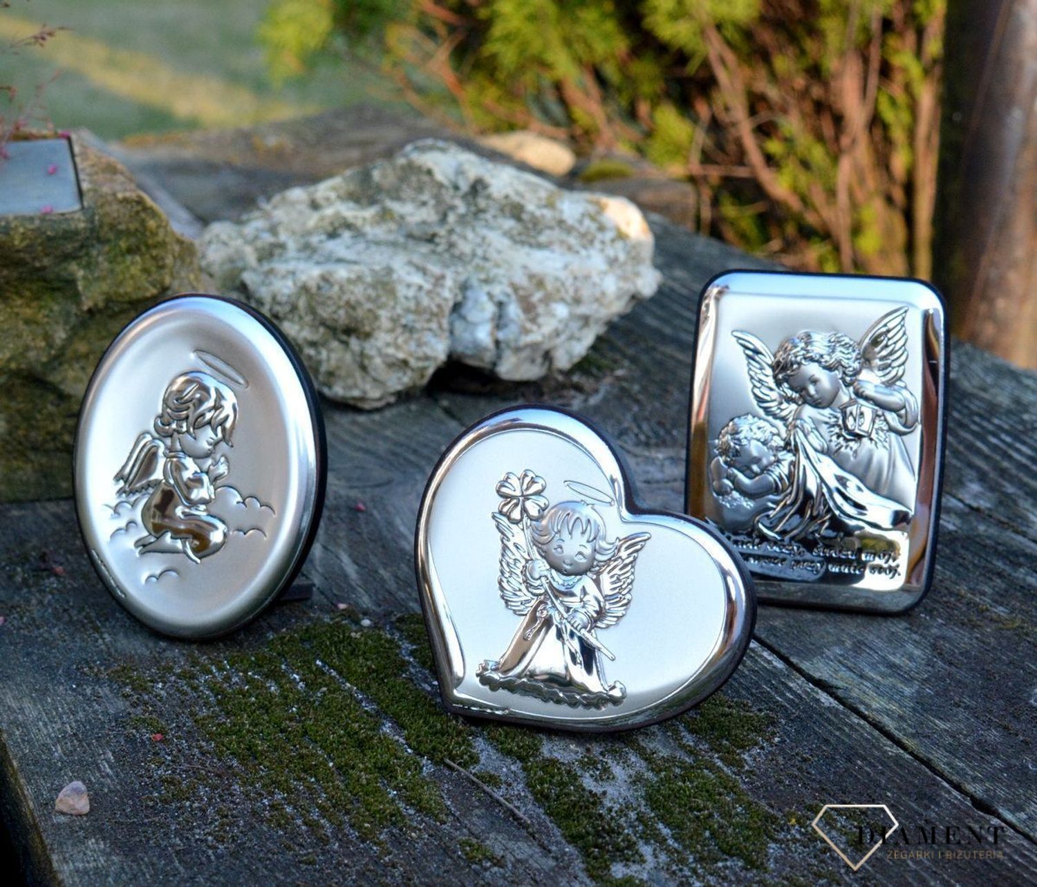 Piękny obrazek srebrny w kształcie serca, Aniołek z koniczynką, Pamiątka na Chrzest BC64471.jpg