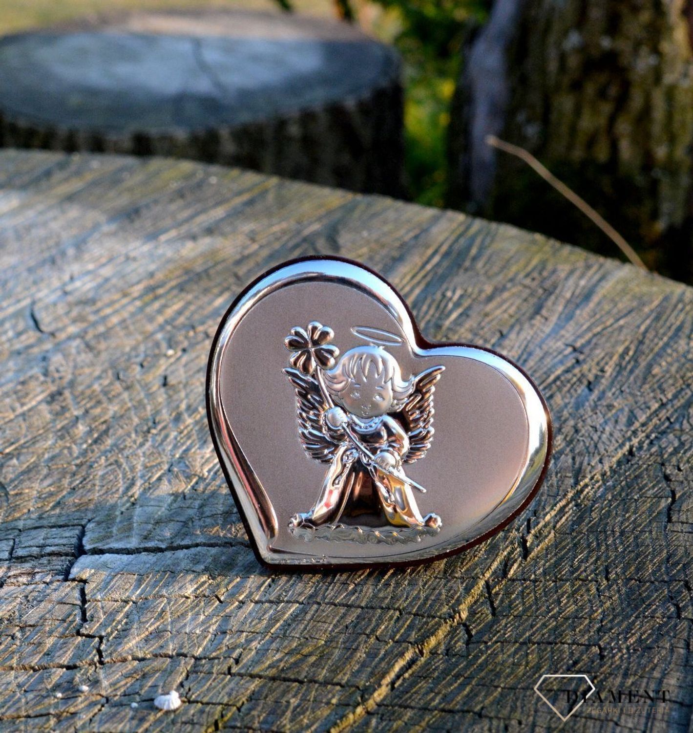 Piękny obrazek srebrny w kształcie serca, Aniołek z koniczynką, Pamiątka na Chrzest BC64471.jpg