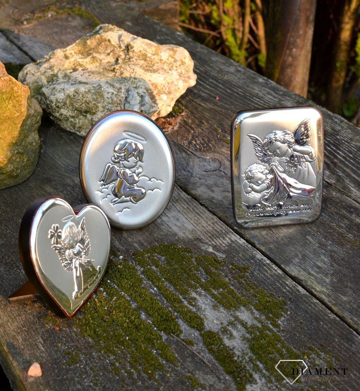 Piękny obrazek srebrny w kształcie serca, Aniołek z koniczynką, Pamiątka na Chrzest BC64471.jpg