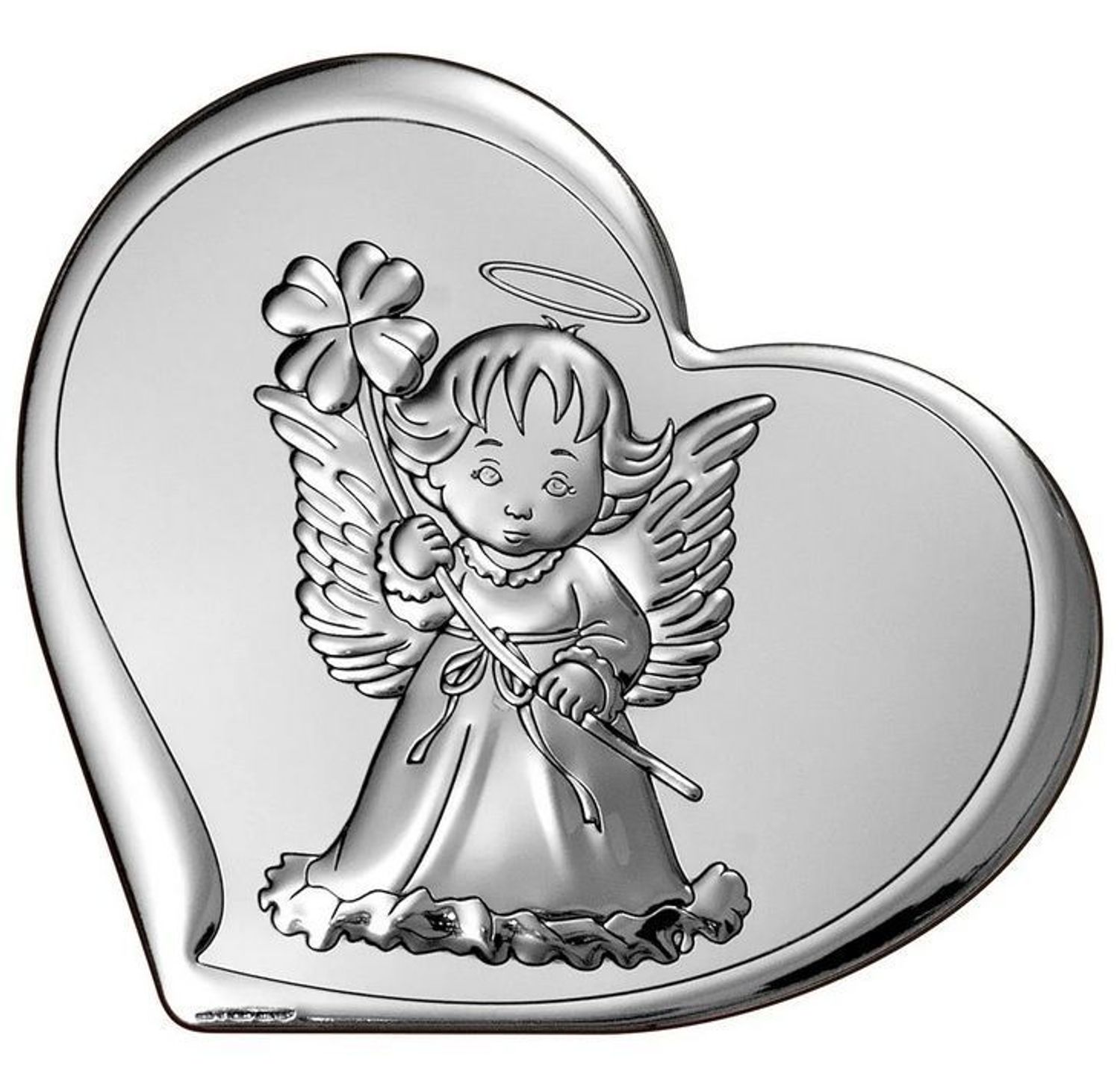 Piękny obrazek srebrny w kształcie serca, Aniołek z koniczynką, Pamiątka na Chrzest BC64471.jpg