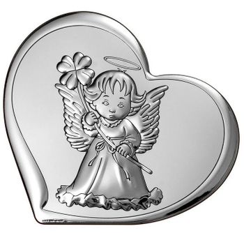 Piękny obrazek srebrny w kształcie serca, Aniołek z koniczynką, Pamiątka na Chrzest BC64471.jpg