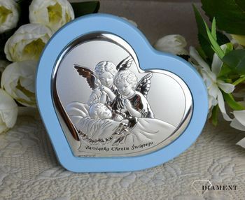 Piękny obrazek z aniołkami, Pamiątka Chrztu Świętego BC64512WC. Uroczy obrazek w kształcie serca z wizerunkiem dwóch aniołków pochylających się nad dzieckiem.  (3).JPG