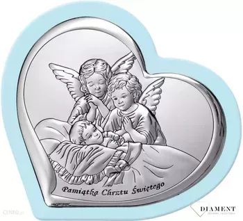 Uroczy obrazek w kształcie serca z wizerunkiem dwóch aniołków pochylających się nad dzieckiem. Wykonany z wysokiej jakości drewna oraz metalu laminowanego srebrem, dzięki któremu produkt zachowa swój blask (2).webp