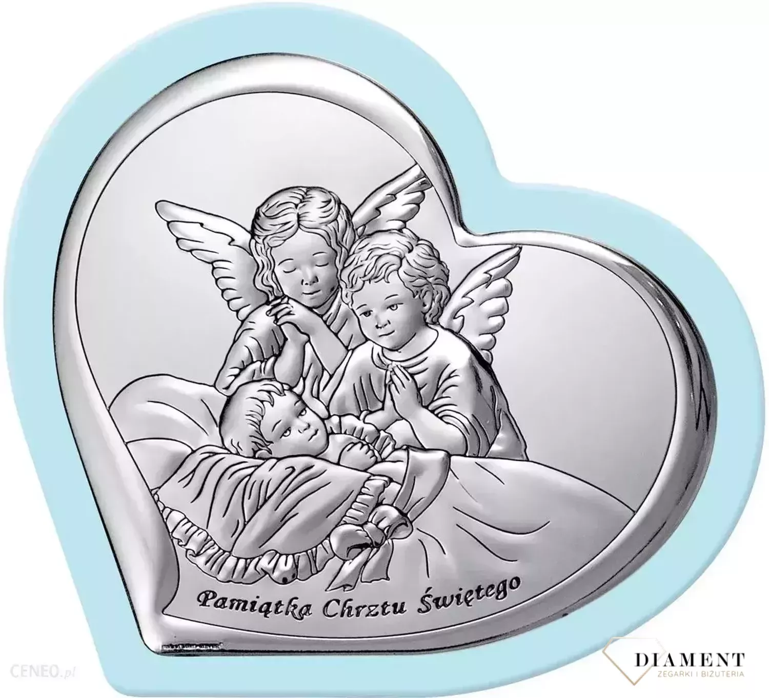 Uroczy obrazek w kształcie serca z wizerunkiem dwóch aniołków pochylających się nad dzieckiem. Wykonany z wysokiej jakości drewna oraz metalu laminowanego srebrem, dzięki któremu produkt zachowa swój blask (2).webp