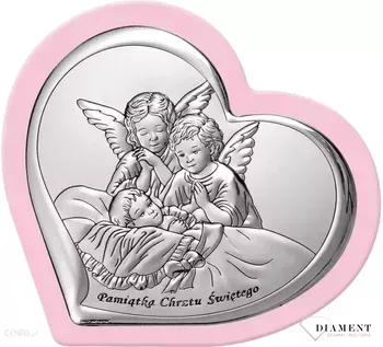 Uroczy obrazek w kształcie serca z wizerunkiem dwóch aniołków pochylających się nad dzieckiem. Wykonany z wysokiej jakości drewna oraz metalu laminowanego srebrem, dzięki któremu produkt zachowa swój blask.webp