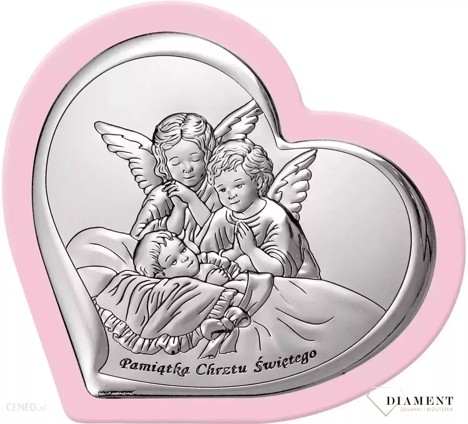 Uroczy obrazek w kształcie serca z wizerunkiem dwóch aniołków pochylających się nad dzieckiem. Wykonany z wysokiej jakości drewna oraz metalu laminowanego srebrem, dzięki któremu produkt zachowa swój blask.webp