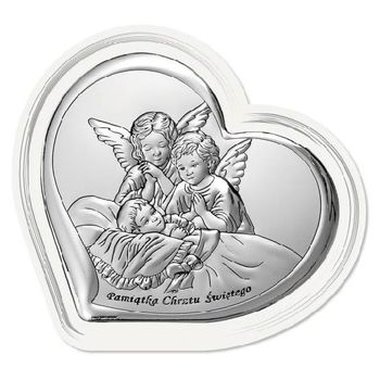 Obrazek srebrny w kształcie serca z Aniołkami to piękna ozdoba dziecięcego pokoju. Obrazek pięknie oprawiony białą ramką dodatkowo zdobiony wzorem w kolorze srebra..jpg