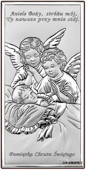 Obrazek srebrny przedstawiający Aniołki to idealny upominek z okazji Chrztu Świętego, który powinien zagościć w każdym dziecięcym pokoju wnosząc radość..png