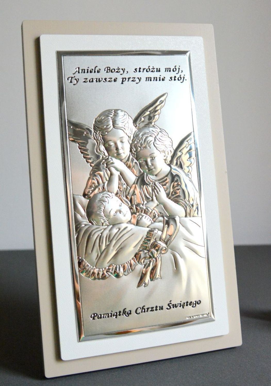 Srebrny obrazek na Chrzest Święty Anioł Stróż BC6468S2XTP. Niezwykły obrazek srebrny z wizerunkiem Aniołków to idealny prezent na Chrzest Święty. Pamiątka Chrztu Świętego obrazek..jpg