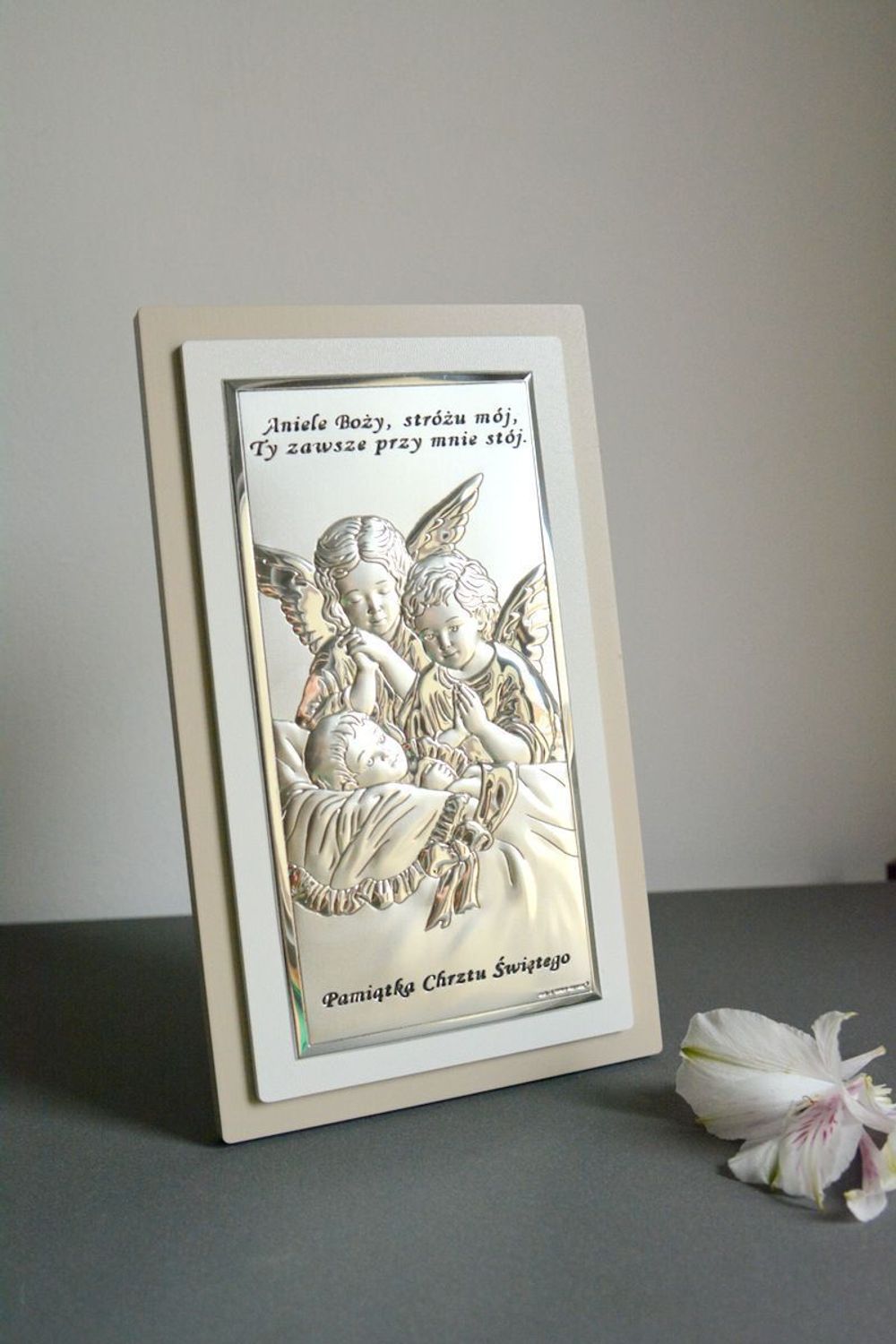 Srebrny obrazek na Chrzest Święty Anioł Stróż BC6468S2XTP. Niezwykły obrazek srebrny z wizerunkiem Aniołków to idealny prezent na Chrzest Święty. Pamiątka Chrztu Świętego obrazek..jpg