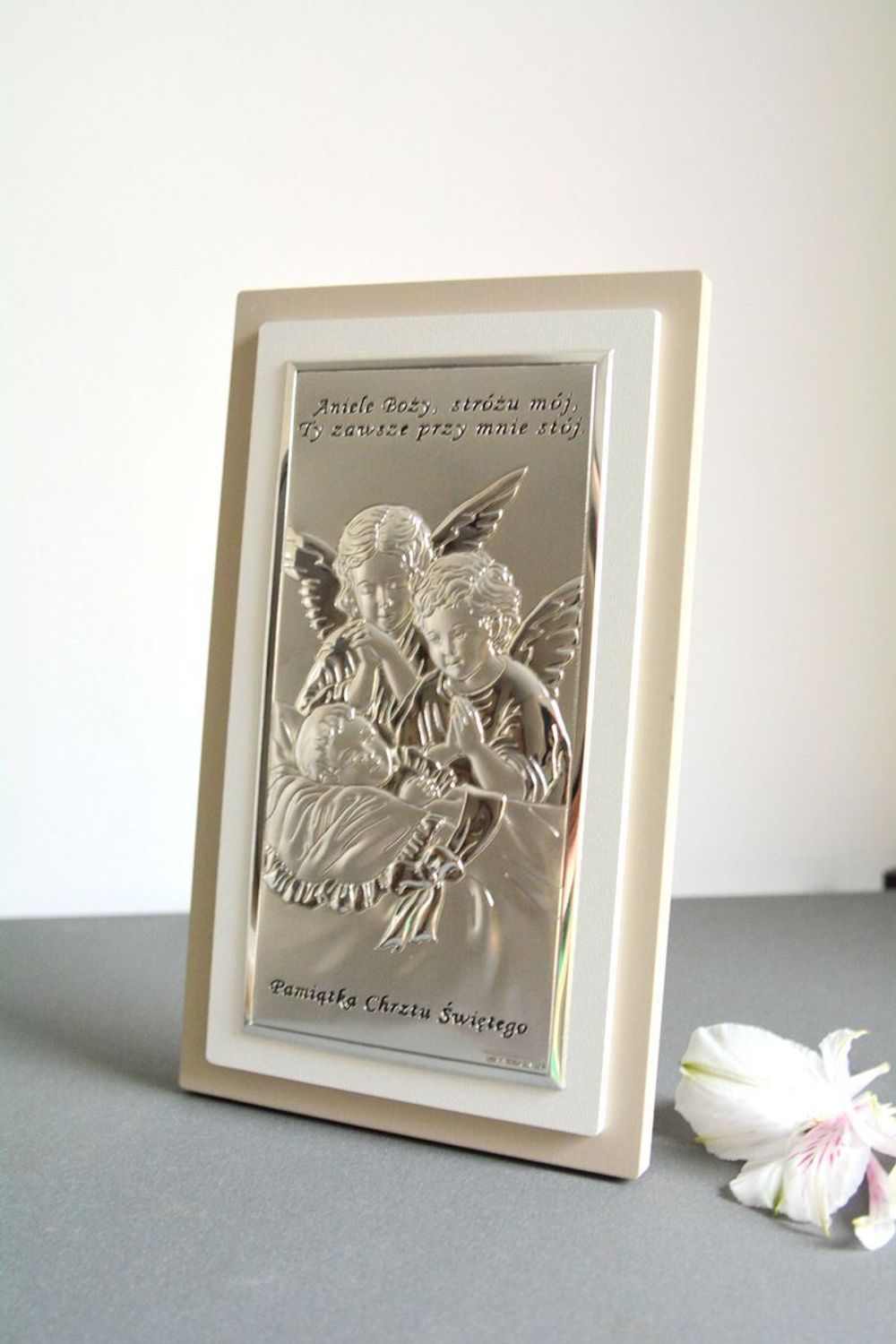 Srebrny obrazek na Chrzest Święty Anioł Stróż BC6468S2XTP. Niezwykły obrazek srebrny z wizerunkiem Aniołków to idealny prezent na Chrzest Święty. Pamiątka Chrztu Świętego obrazek..jpg